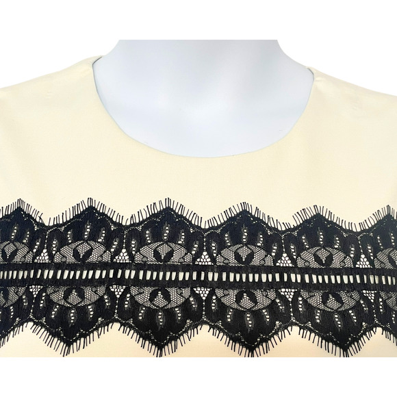 Belle Badgley Mischka Sz 12 Sleeveless Sheath Dress Cream w/Black Lace Bands - Picture 5 of 11